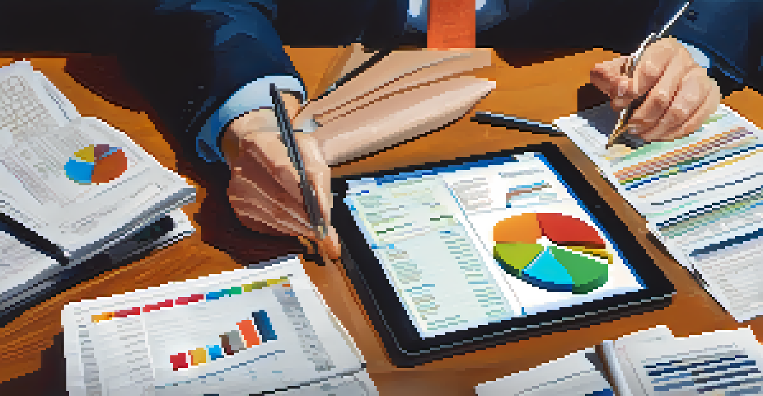 A close-up of a financial analyst's hands analyzing market trends on a tablet surrounded by reports and a laptop.