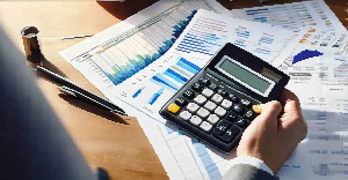 A close-up of a hand writing on a financial planning document with graphs, surrounded by office tools like a calculator and laptop.