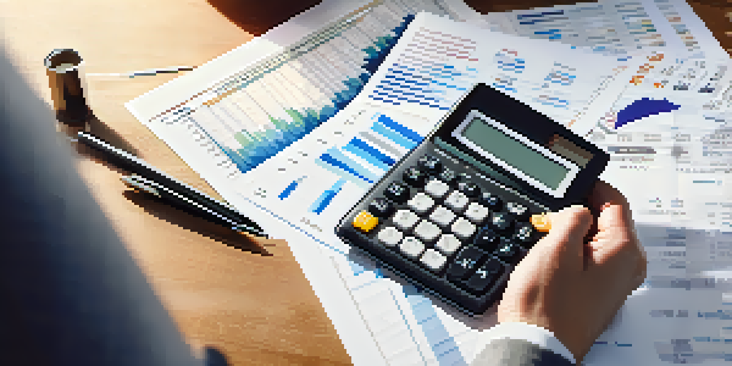 A close-up of a hand writing on a financial planning document with graphs, surrounded by office tools like a calculator and laptop.