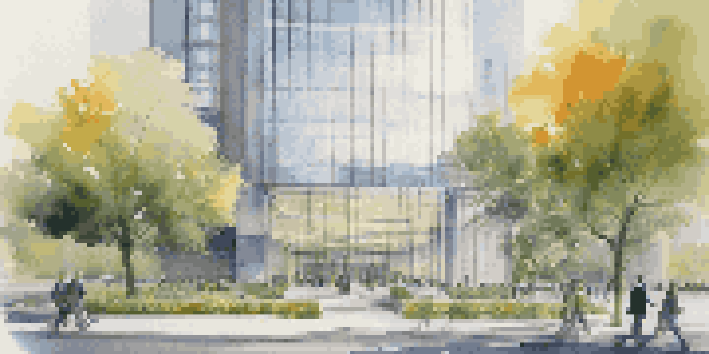 A modern central bank building with a glass facade in a busy city, featuring people in business attire and trees along the street.