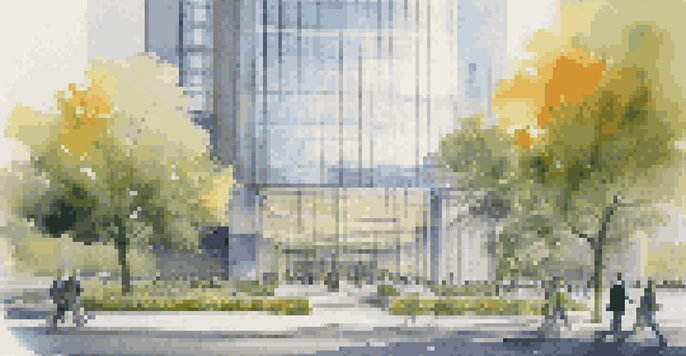 A modern central bank building with a glass facade in a busy city, featuring people in business attire and trees along the street.