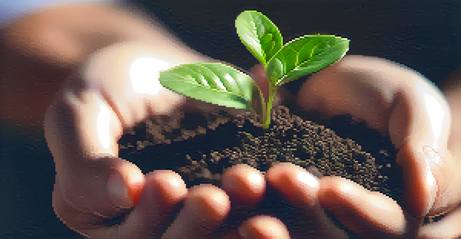 Close-up of hands nurturing a small green plant, representing growth and sustainability in impact investing.