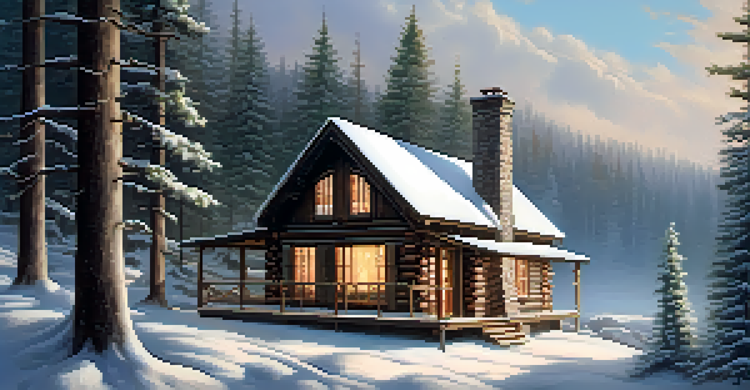 A tranquil winter forest with snow-covered pine trees and a cozy cabin with smoke from the chimney.