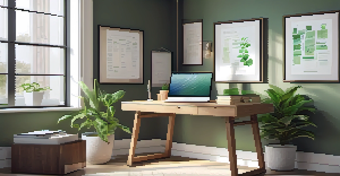 A bright and organized office space featuring a wooden desk with a laptop, a notepad, and a coffee cup, illuminated by natural light from a window.