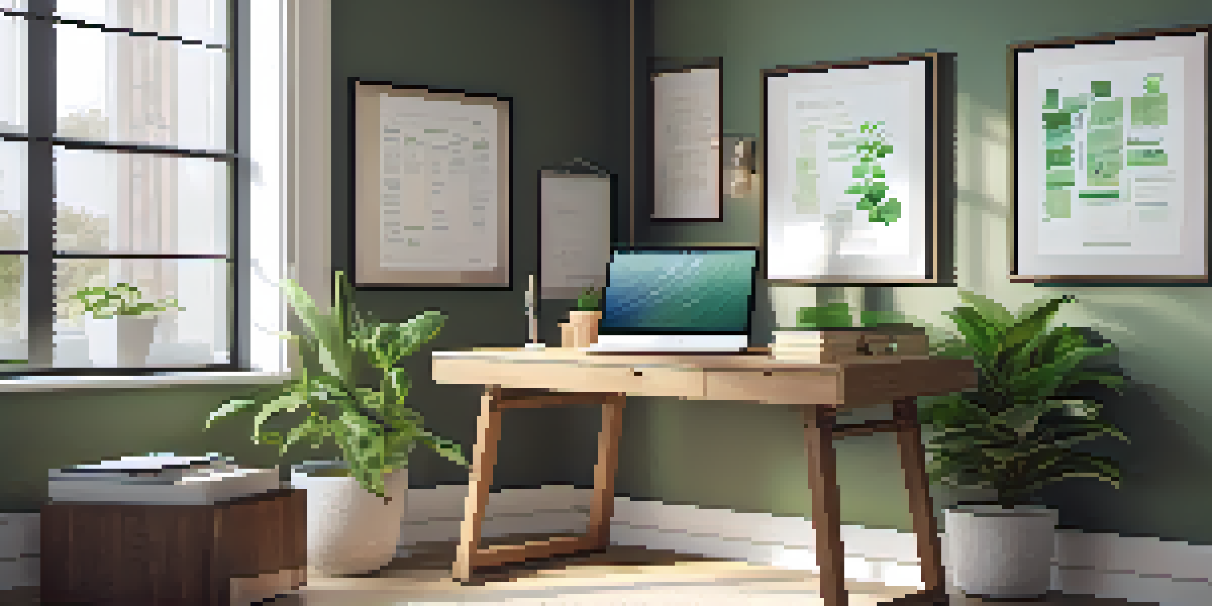 A bright and organized office space featuring a wooden desk with a laptop, a notepad, and a coffee cup, illuminated by natural light from a window.