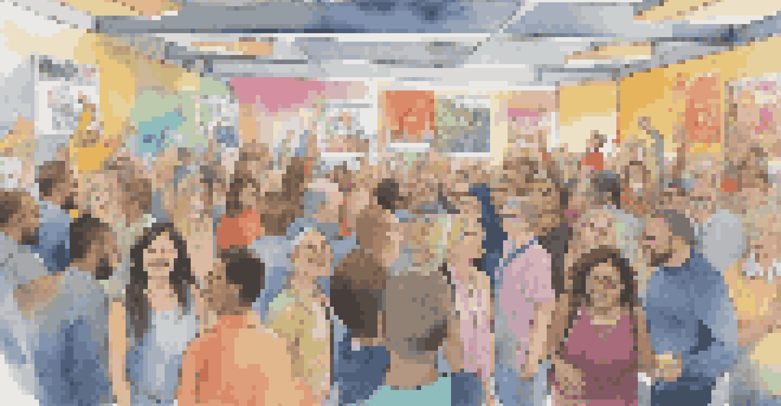 A lively crowdfunding campaign scene with a diverse group of supporters around project displays, highlighting enthusiasm and community engagement.