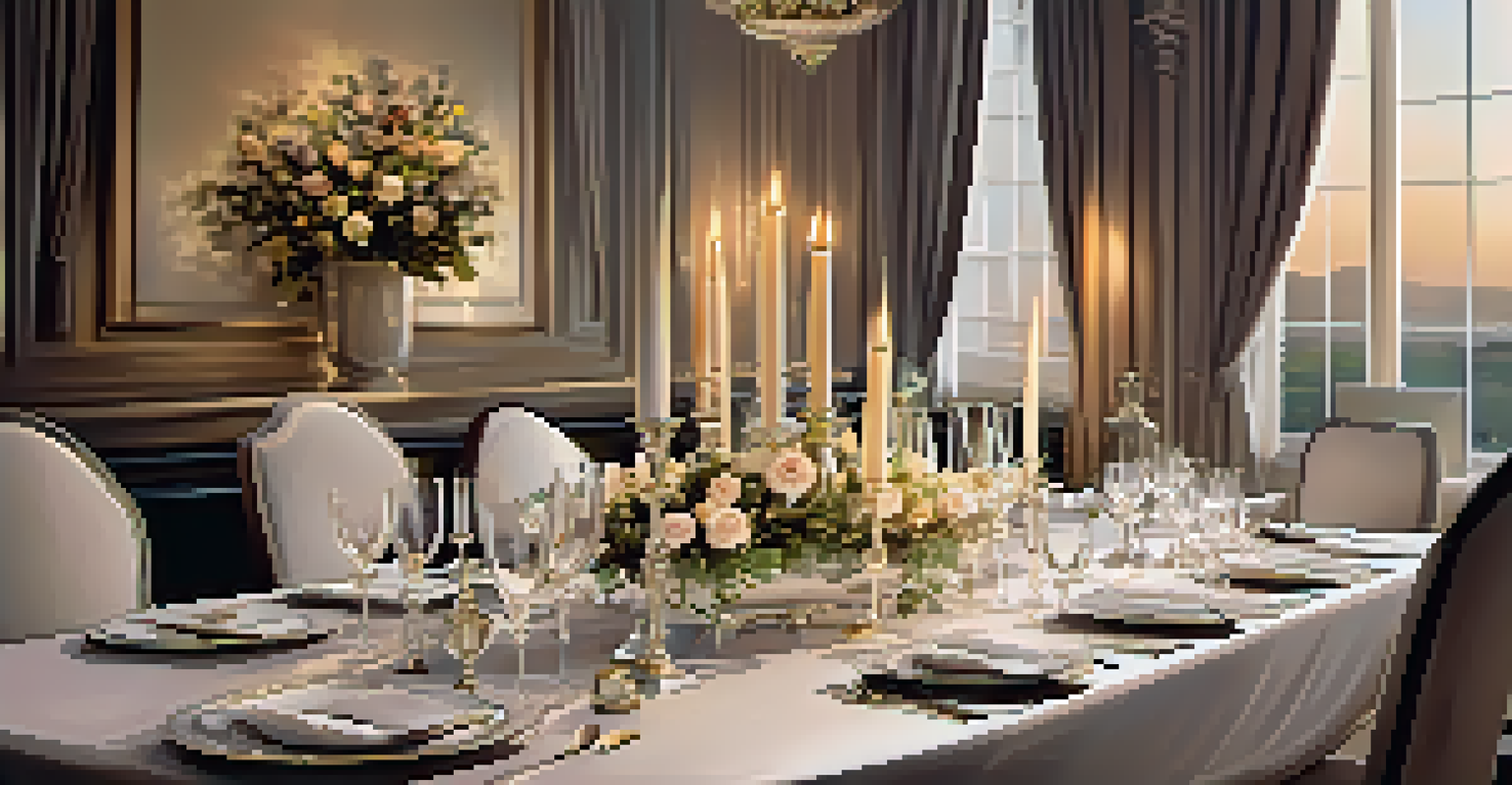 A beautifully set formal dining table with flowers and candlelight.