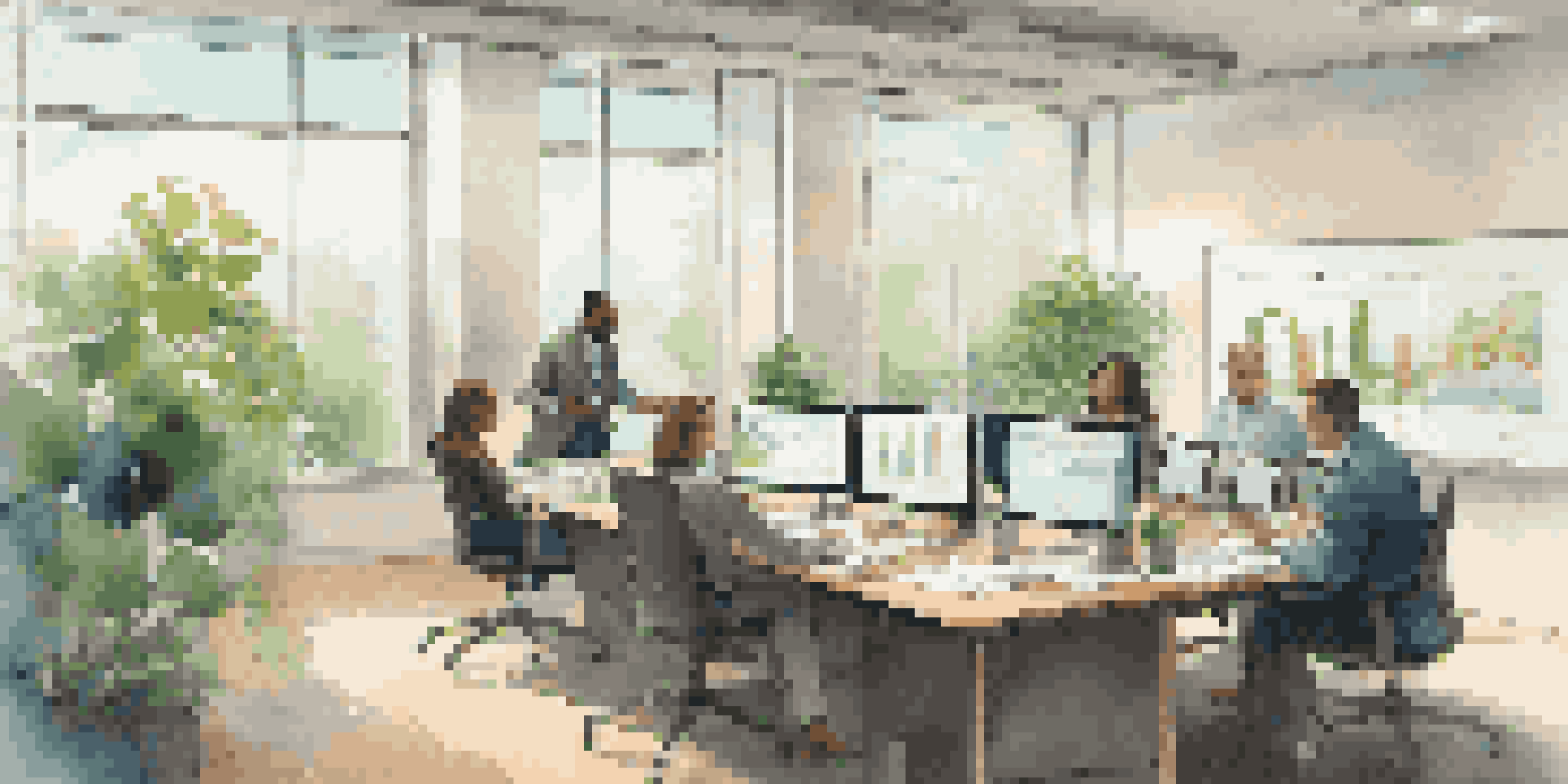 A diverse group of professionals in a bright office discussing charts and graphs, with plants and natural light around them.
