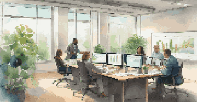 A diverse group of professionals in a bright office discussing charts and graphs, with plants and natural light around them.