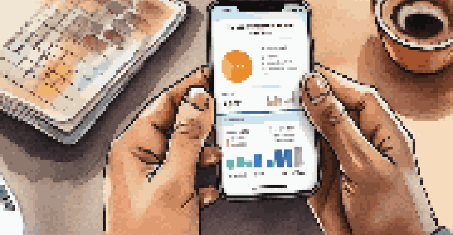 A close-up of hands using a financial app on a smartphone in a cozy living room setting.