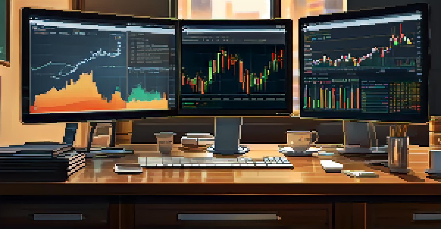 A trader's desk with a laptop and multiple screens showing stock prices and charts, with a warm lighting ambiance.