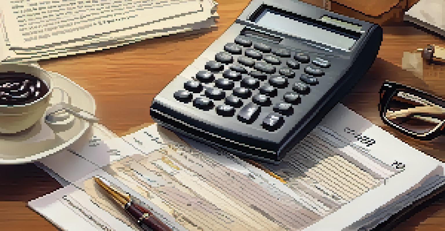 A detailed view of financial documents and bonds on a desk with a calculator and coffee.