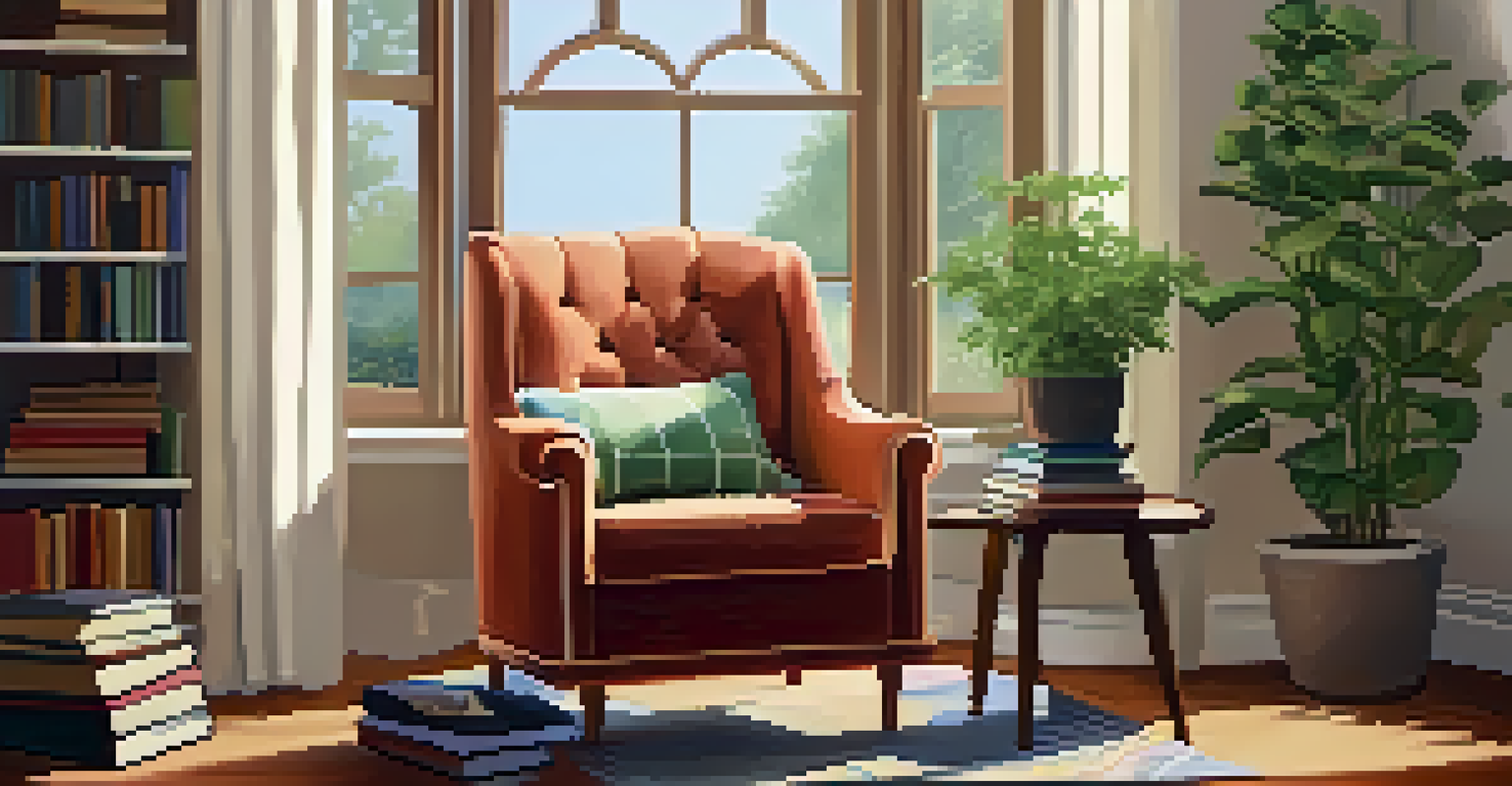 A comfortable reading corner with an armchair, books, and plants by a window.