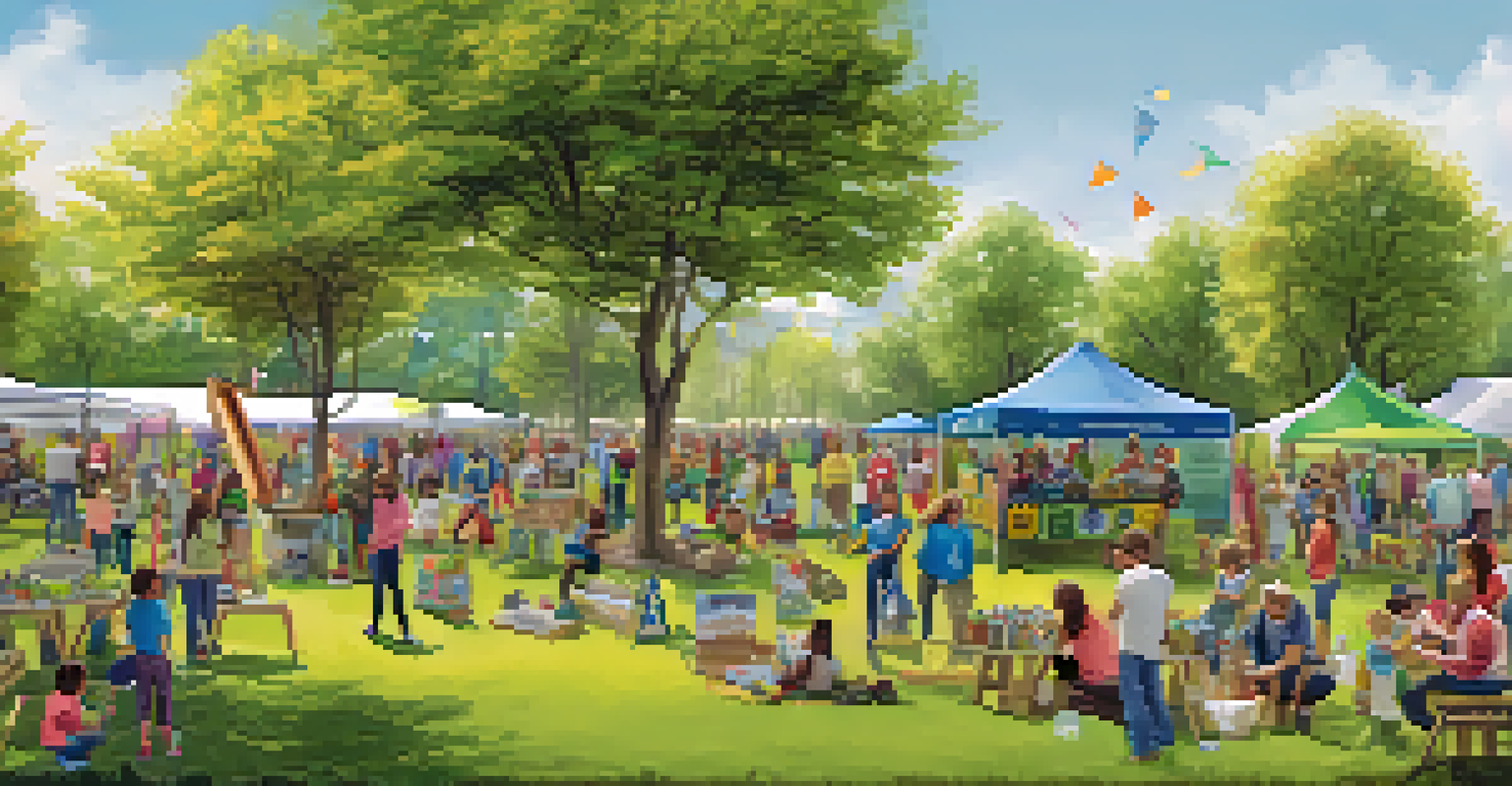 Community event in a park with families engaging in recycling and planting trees, promoting sustainable practices.