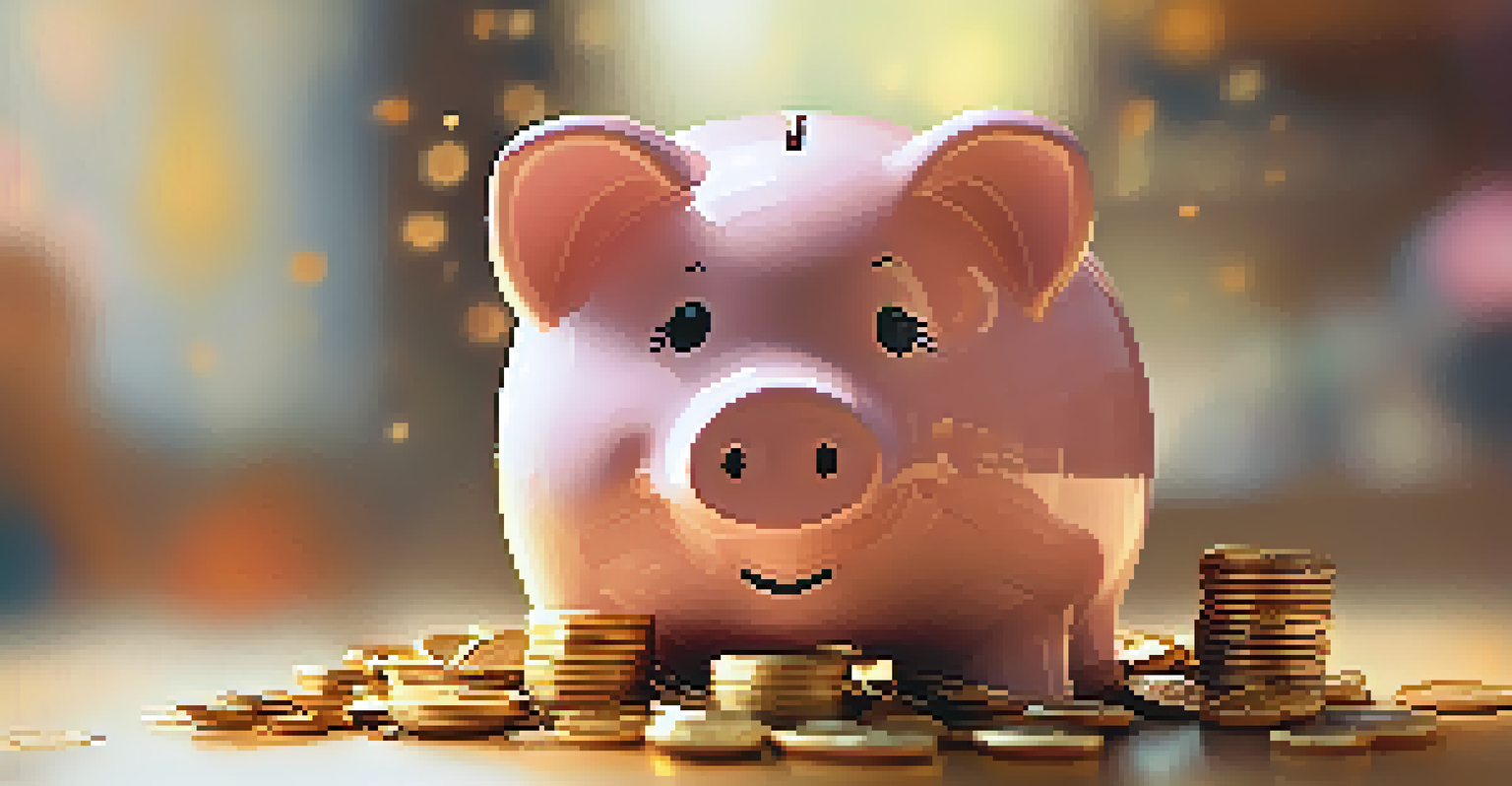 A young person filling a colorful piggy bank with coins, emphasizing the act of saving money.