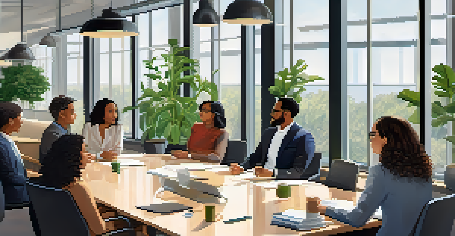 A diverse group of professionals in a bright office discussing around a conference table, surrounded by plants and large windows.
