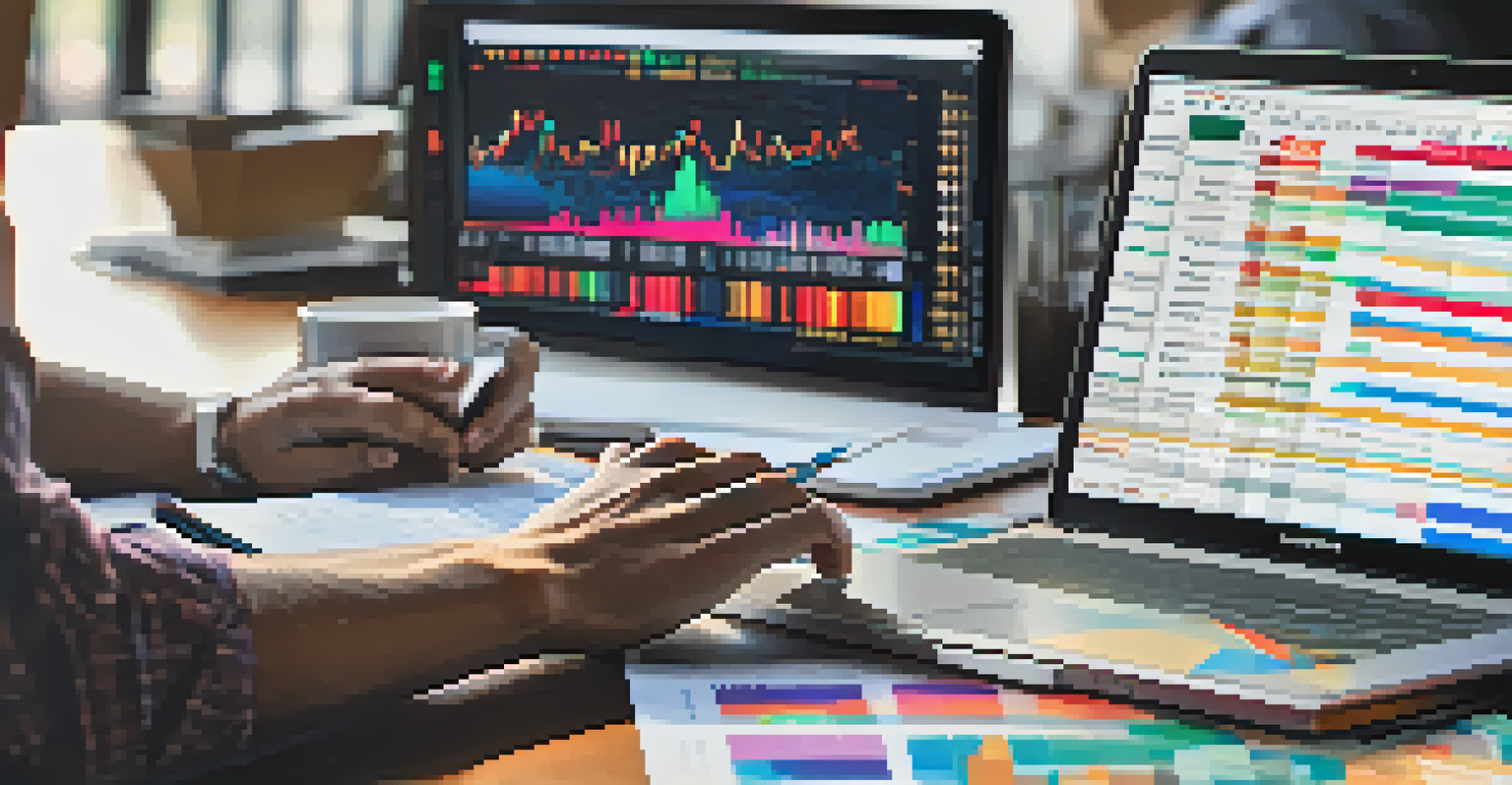 A trader analyzing stock market data on a laptop, with colorful graphs and office elements in the background.