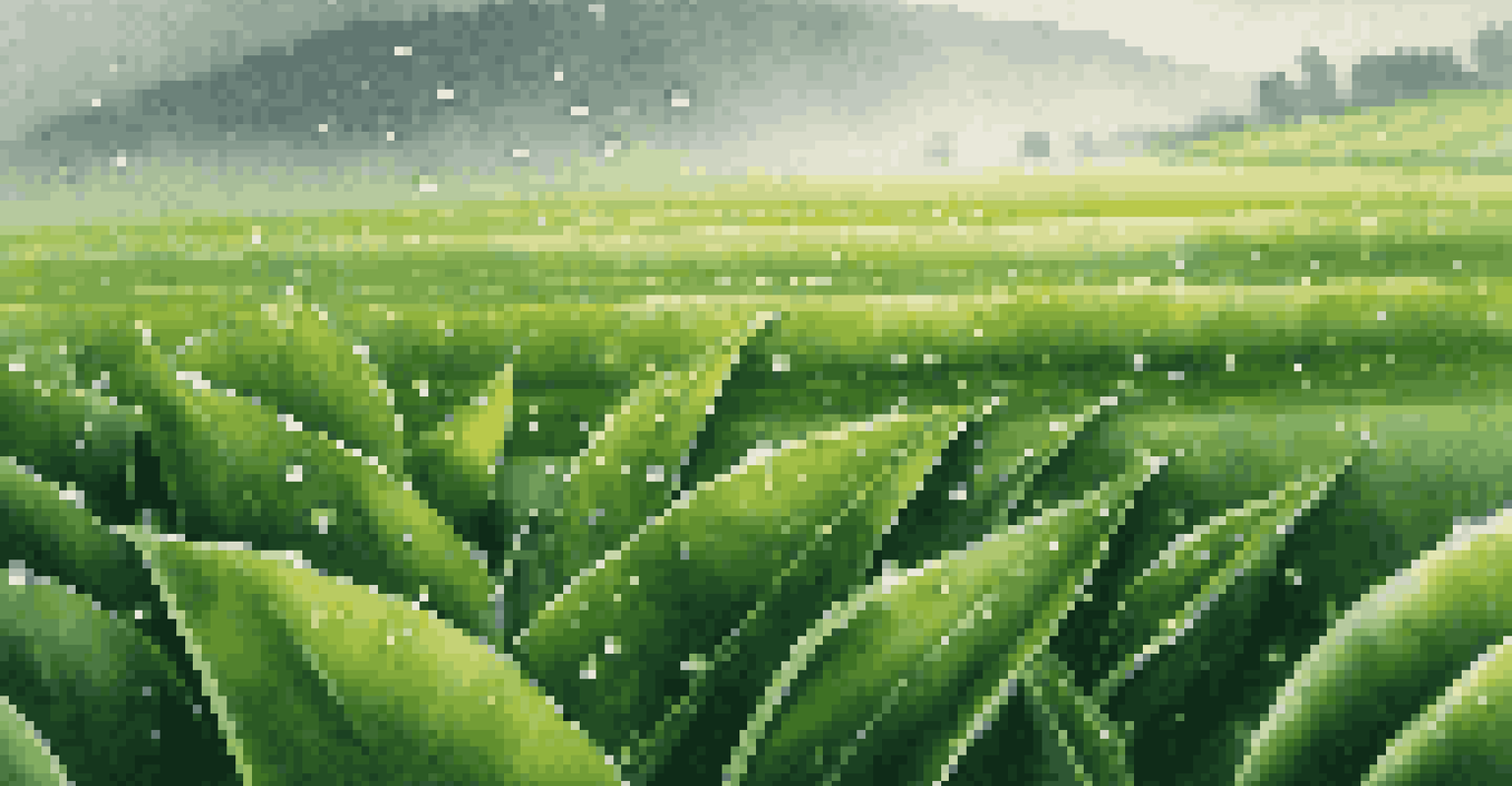 Close-up of raindrops on green leaves in a crop field with sunlight filtering through clouds.