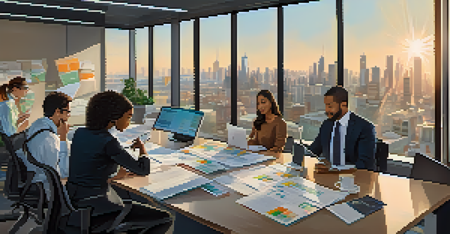 A diverse group of professionals in a bright office discussing financial reports around a table, with a city skyline visible in the background.