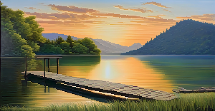 A peaceful lake scene with mountains and a sunset, featuring a wooden dock extending into the water.