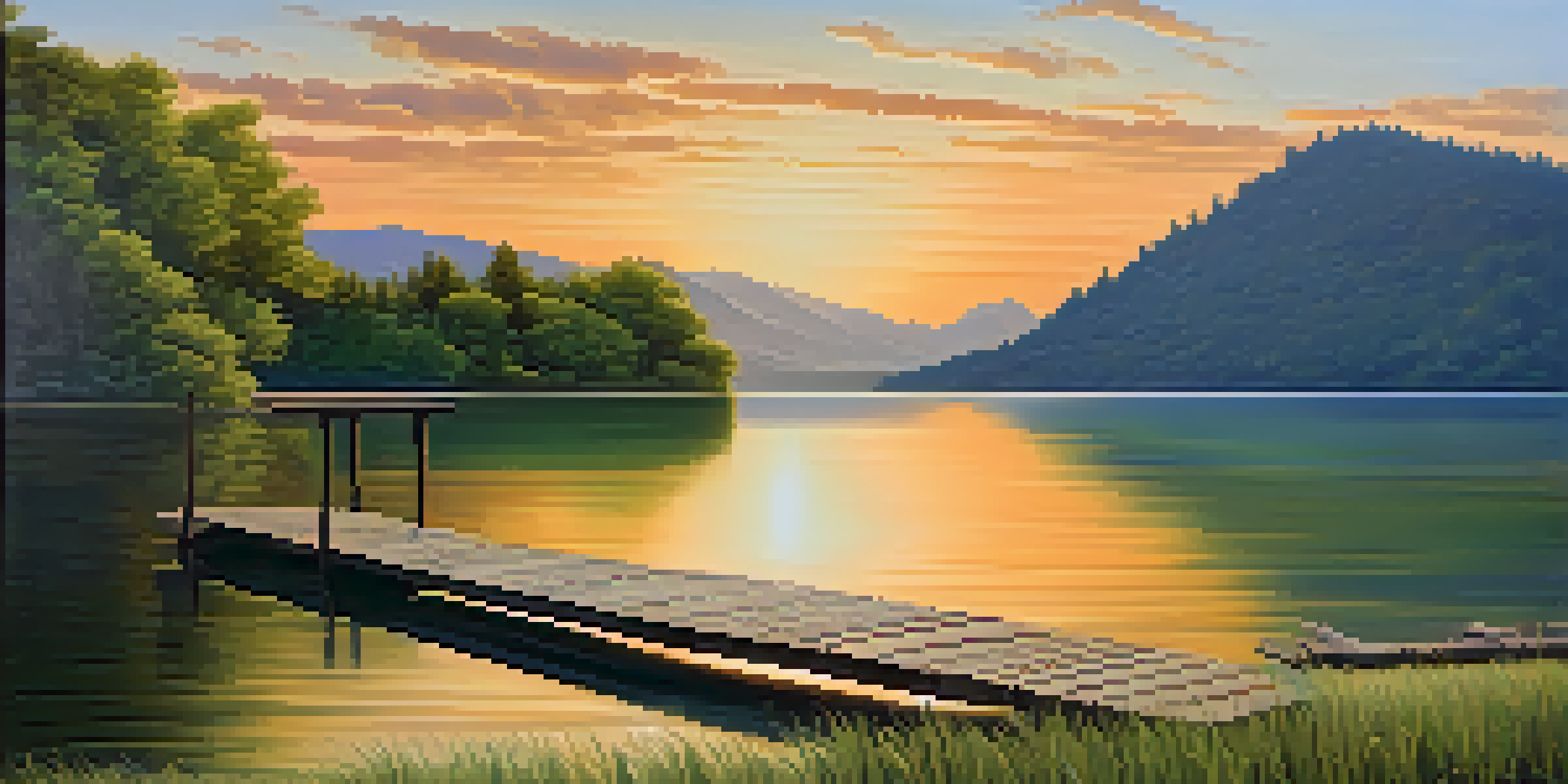 A peaceful lake scene with mountains and a sunset, featuring a wooden dock extending into the water.