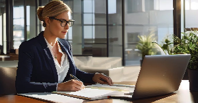 A middle-aged woman in glasses is sitting at a desk in a modern office, actively listening and taking notes from a colleague.