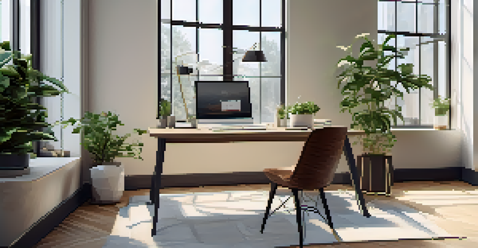 A modern office with a desk, laptop, and plants, bathed in soft natural light.