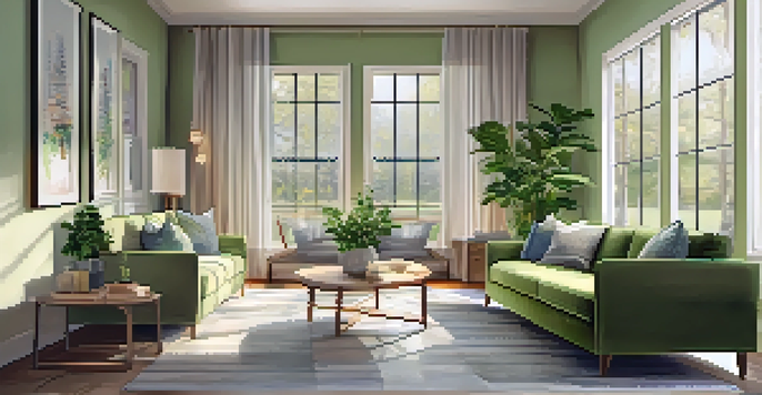 A cozy living room filled with natural light, comfortable furniture, and family photographs, representing family discussions about long-term care.