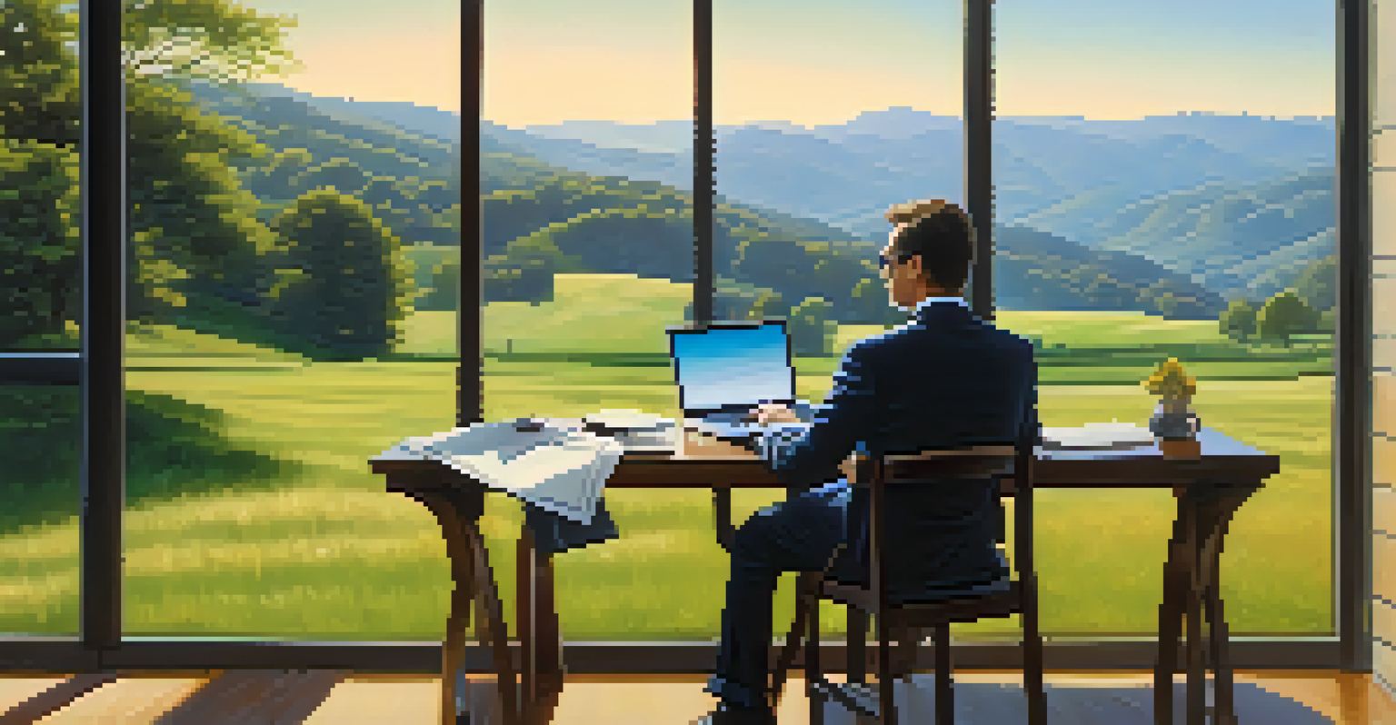 A financial advisor outdoors with a laptop, analyzing market trends in a serene landscape.