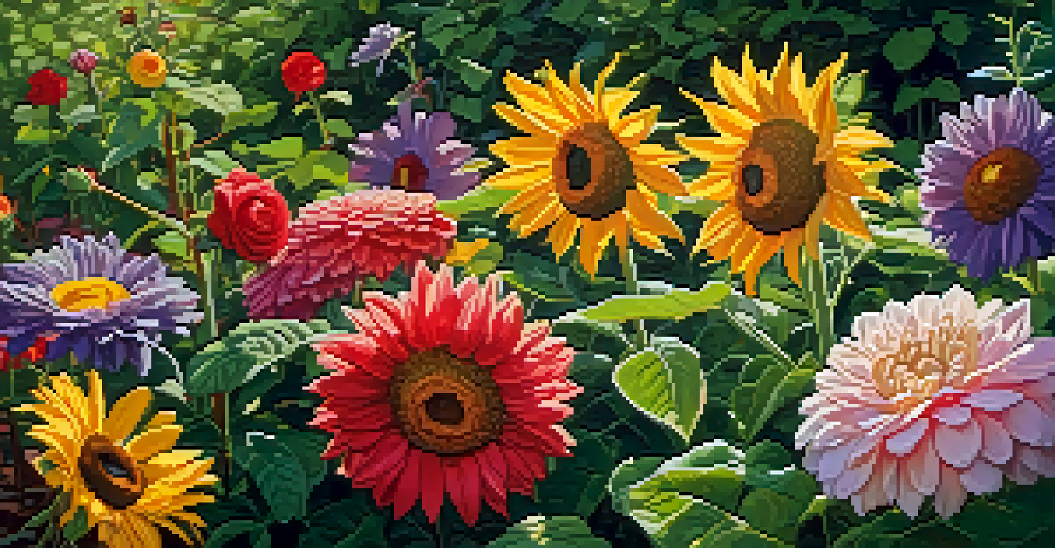 A colorful flower garden with blooming roses, daisies, and sunflowers glistening with morning dew.