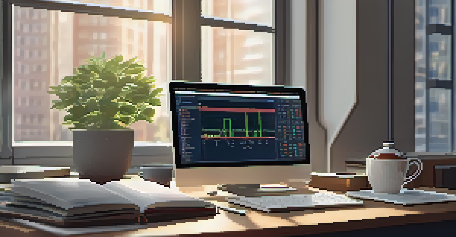 A serene office workspace with a laptop displaying limit order settings, alongside financial books and a cup of coffee, illuminated by soft morning light.