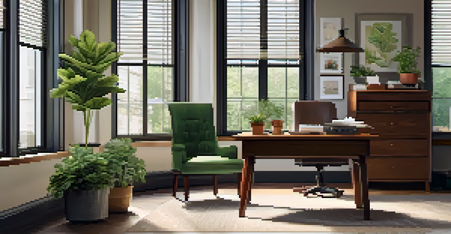 An elegant office space with a wooden desk, laptop, and natural light from a large window.