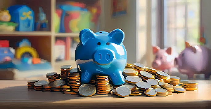 A cheerful piggy bank surrounded by coins on a wooden table, with sunlight streaming in and playful drawings in the background.