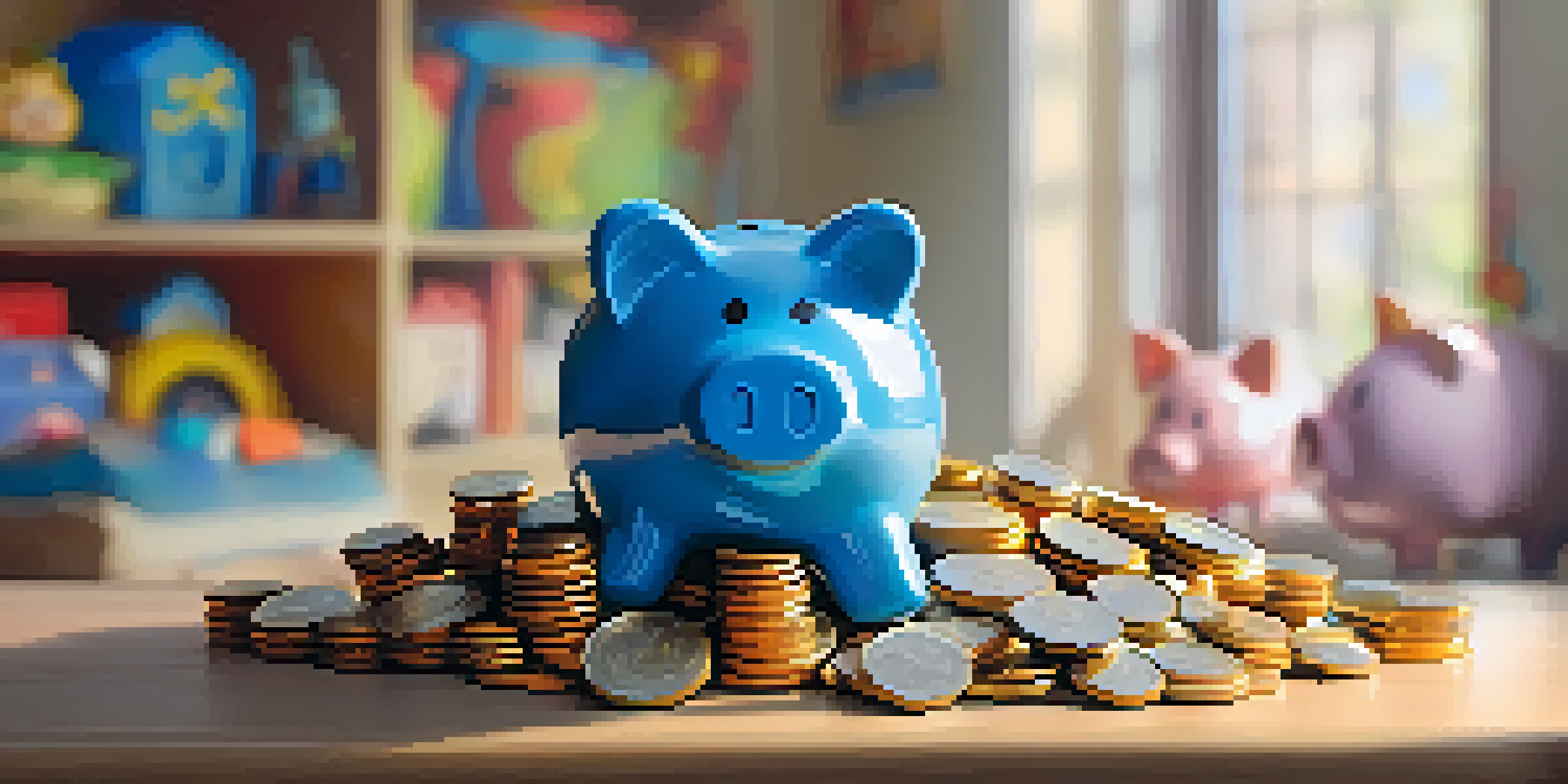A cheerful piggy bank surrounded by coins on a wooden table, with sunlight streaming in and playful drawings in the background.