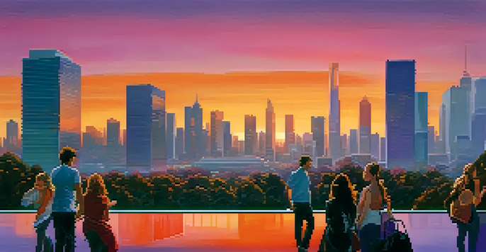 A vibrant urban skyline during sunset with diverse buildings and people in a park.