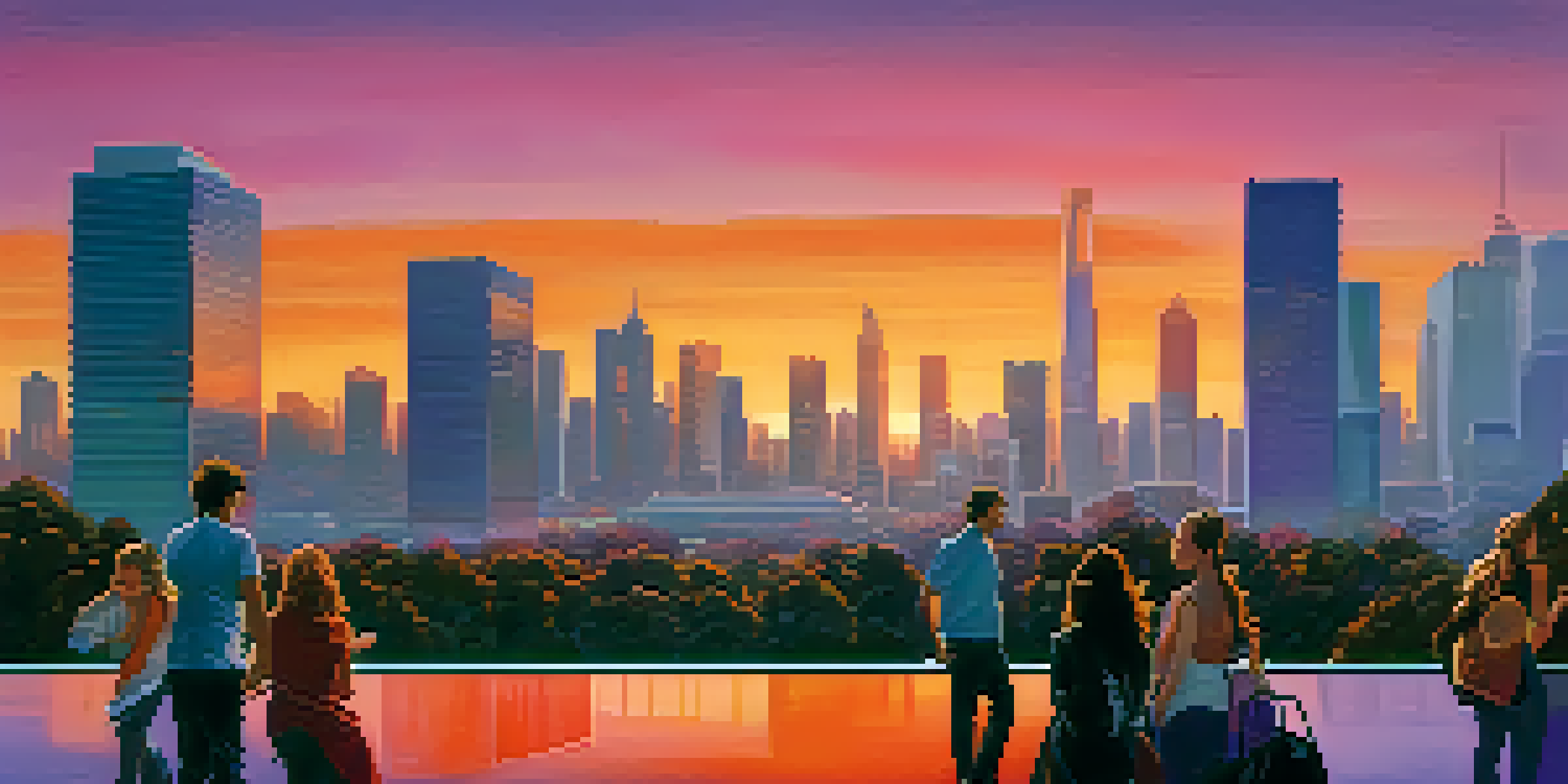 A vibrant urban skyline during sunset with diverse buildings and people in a park.