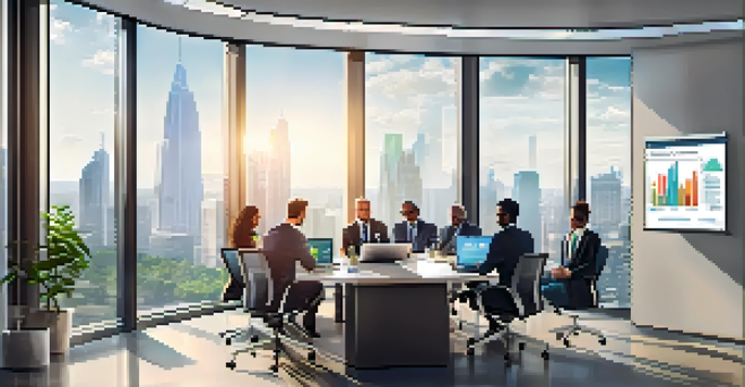 A diverse team of professionals in an office discussing compliance and regulatory strategies with laptops and documents.