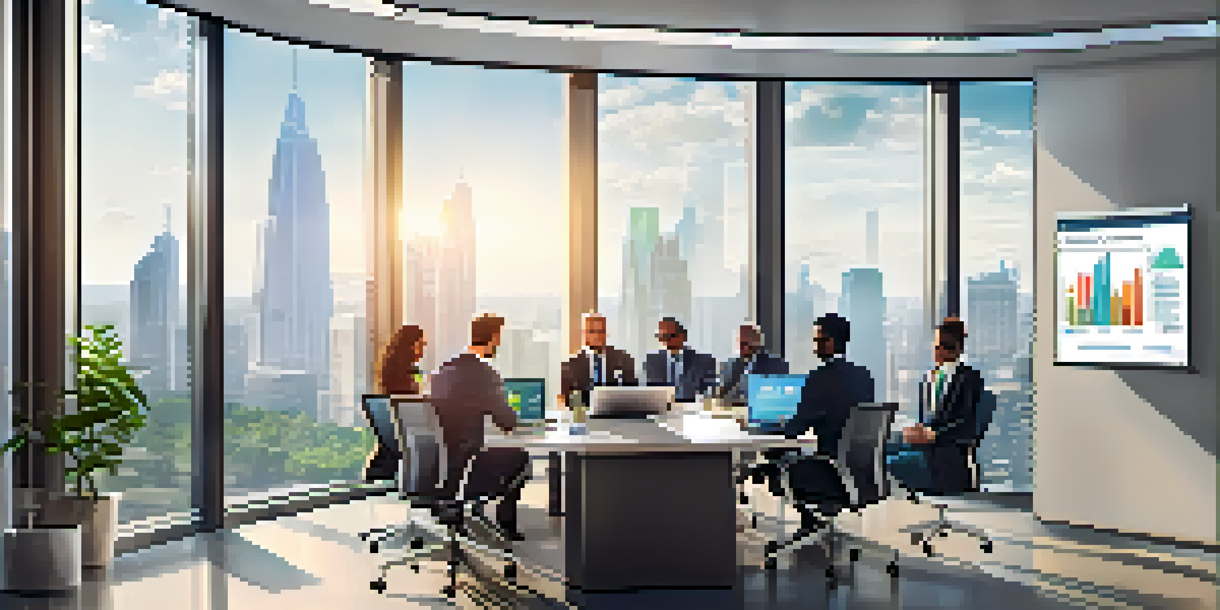 A diverse team of professionals in an office discussing compliance and regulatory strategies with laptops and documents.