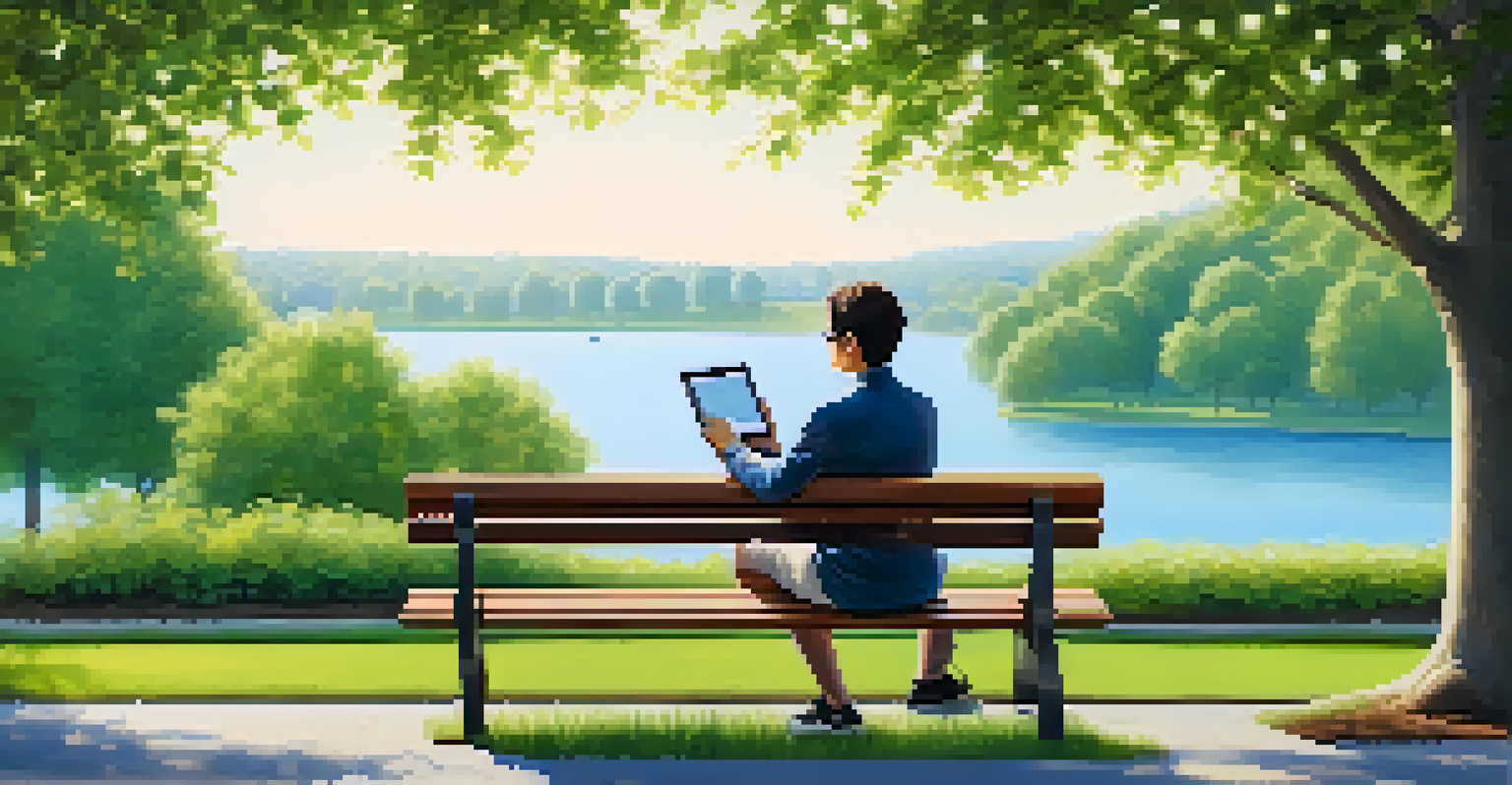 A person sitting on a park bench, looking at a tablet to review financial goals, surrounded by nature.