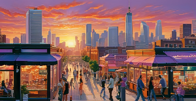 A vibrant city skyline at sunset with modern and historical buildings, people engaging in activities in the foreground.