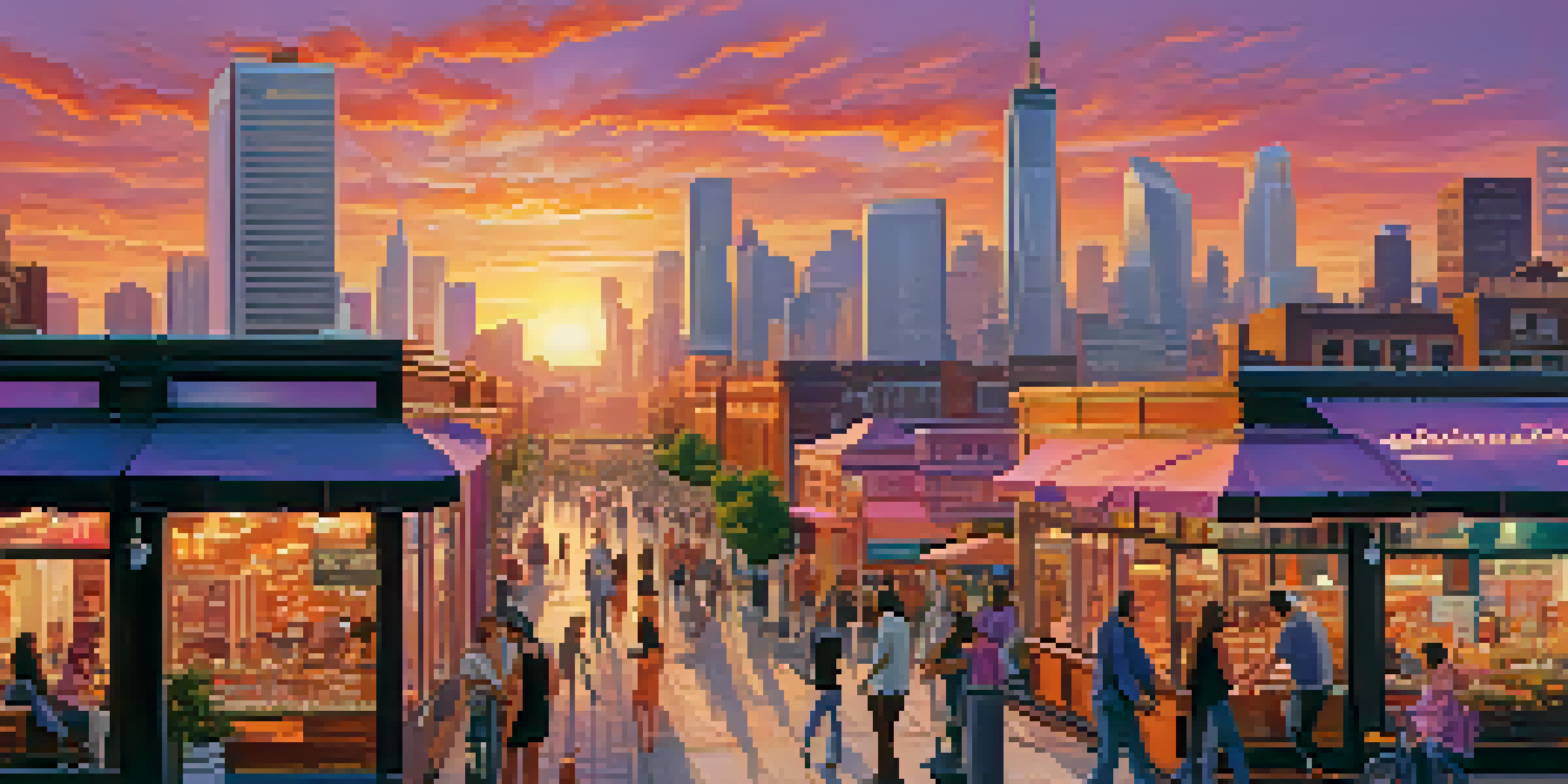 A vibrant city skyline at sunset with modern and historical buildings, people engaging in activities in the foreground.
