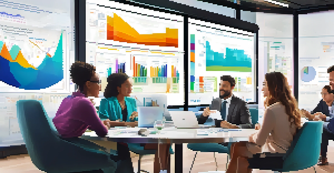 A diverse group of people discussing finances in a modern office setting, with charts and graphs displayed on a screen.
