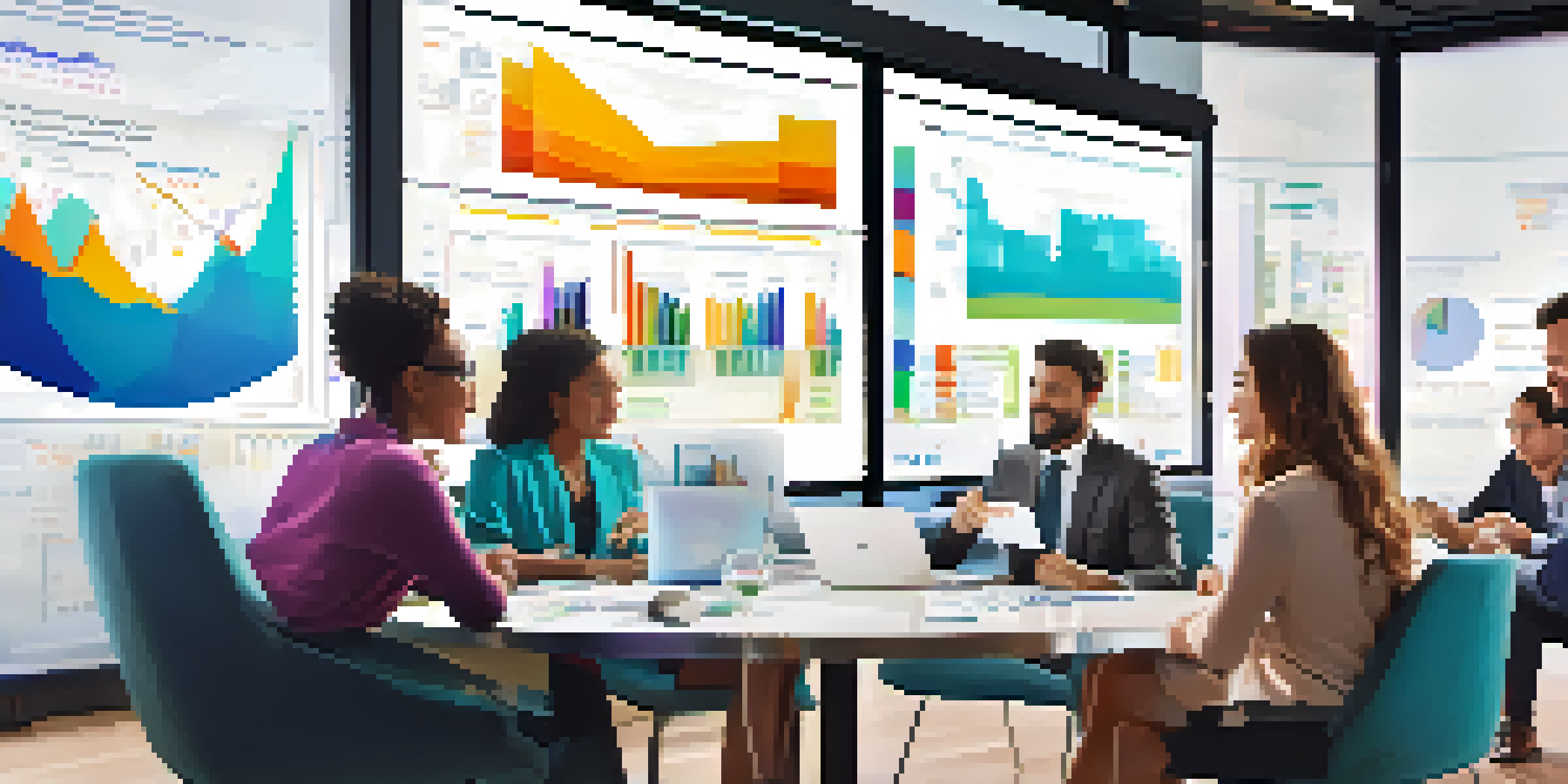 A diverse group of people discussing finances in a modern office setting, with charts and graphs displayed on a screen.