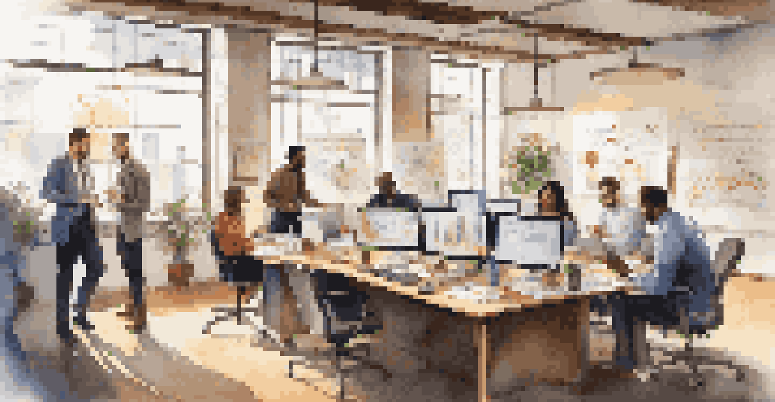 A diverse team of professionals collaborating in a bright office space, surrounded by charts and laptops.
