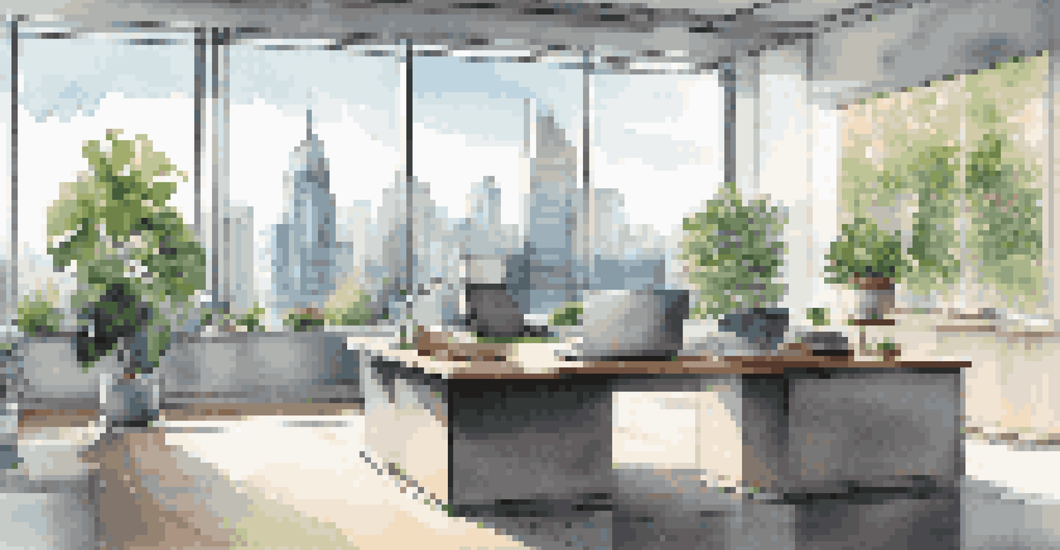 A modern financial office with a sleek desk and a city skyline view through a large window, decorated with potted plants.