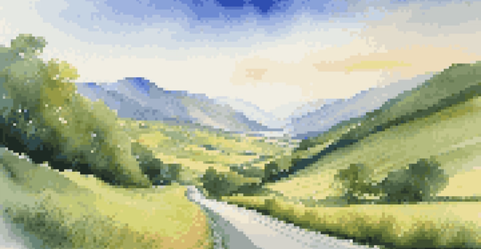 A long winding road through a green valley with mountains in the background under a blue sky, symbolizing a long journey.