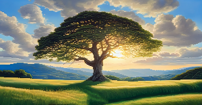 A large, flourishing tree in a vibrant green field under a clear blue sky, symbolizing the concept of early retirement planning.