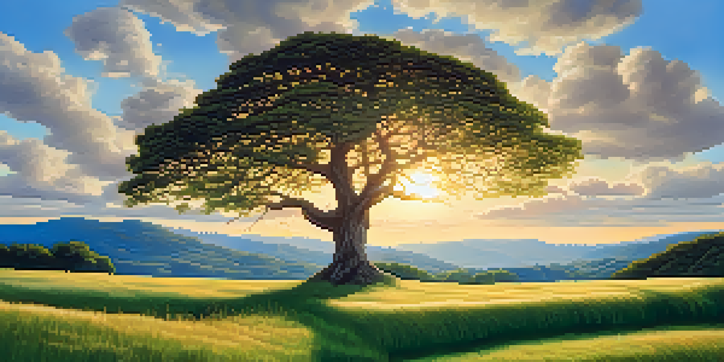 A large, flourishing tree in a vibrant green field under a clear blue sky, symbolizing the concept of early retirement planning.