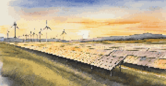 A solar farm with solar panels at sunset, hills in the background, and a wind turbine on the horizon.