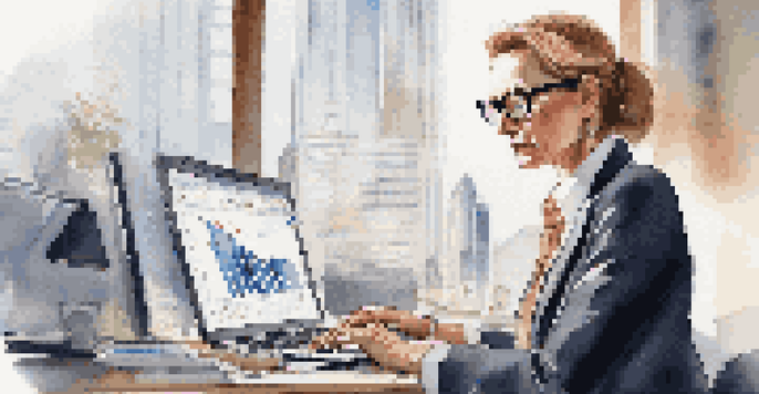 A confident middle-aged woman investor analyzing stock market data on a laptop in a modern office, with sunlight streaming through windows.